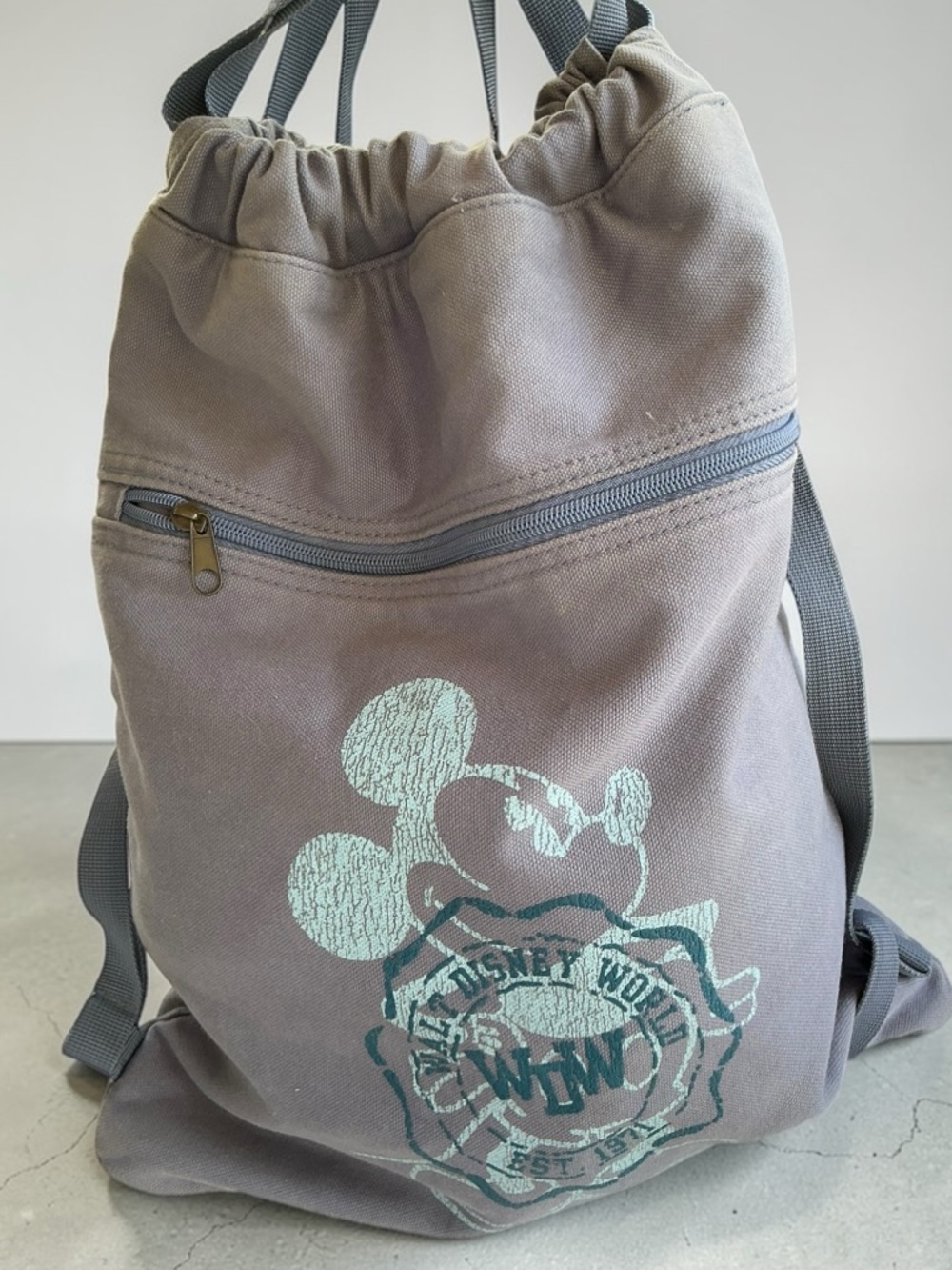 Disney World Backpack Distressed Denim Grey Drawstring Vintage Style Bag